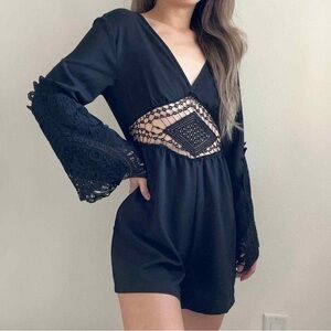 V-neck Bell Sleeve Cutout Backless Culottes Romper
